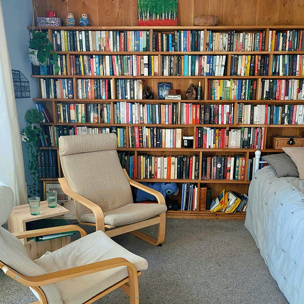 Tom Cairns's therapy room, with two chairs and floor-to-ceiling bookshelves